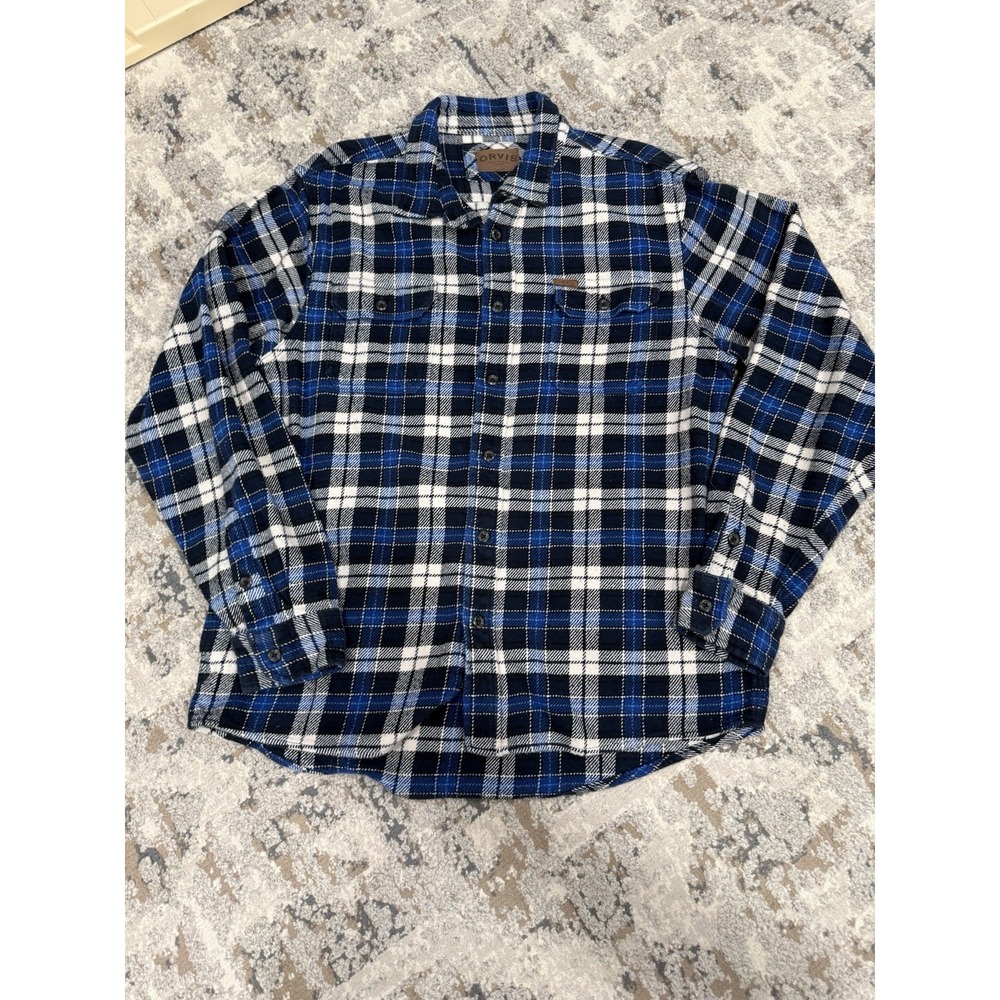 Orvis Blue Plaid Flannel Shirt Jacket Heavy Cotton Pockets Shacket Men's Size L